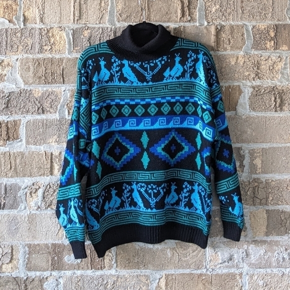 Vintage 80s Blue Green Slouchy Turtleneck Sweater Size Large Black - Picture 1 of 4